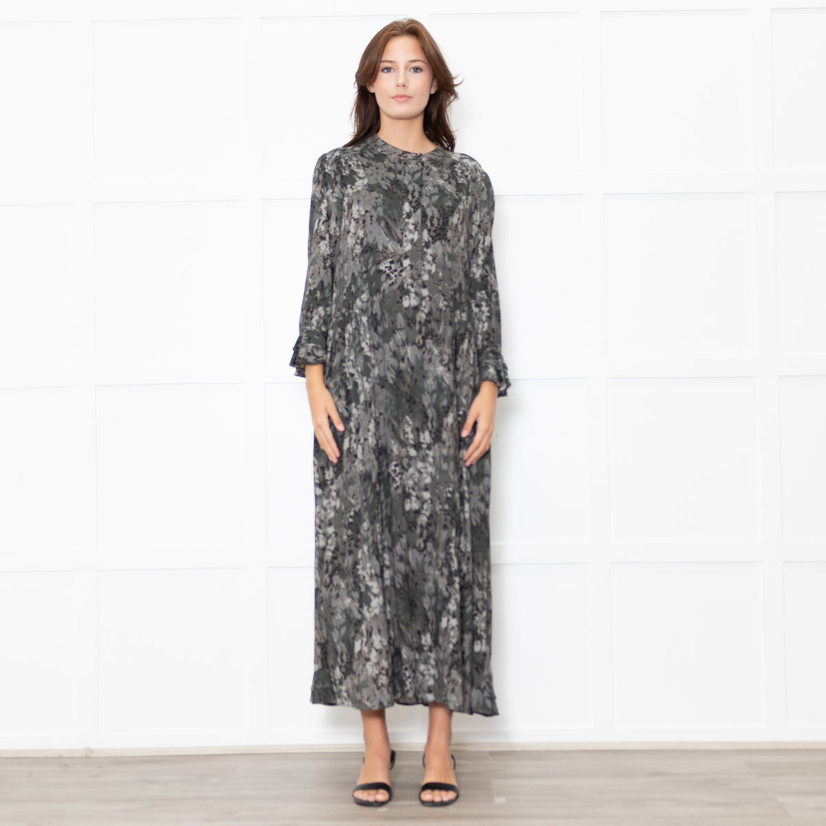 Dea Kudibal Khaki Green Black Ruffle Trim Sleeved Dress