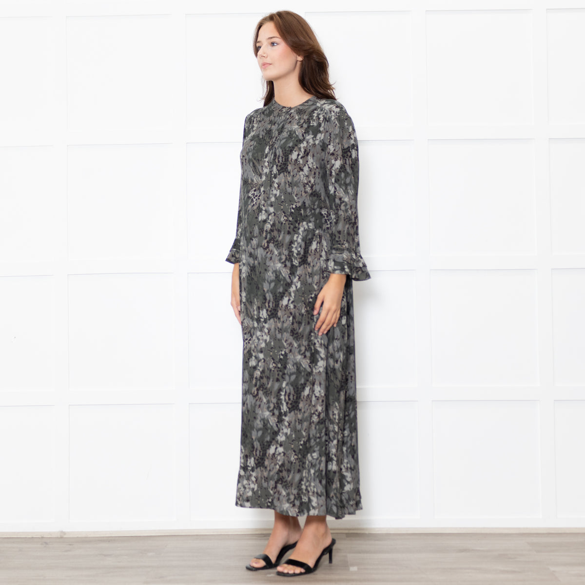 Dea Kudibal Khaki Green Black Ruffle Trim Sleeved Dress