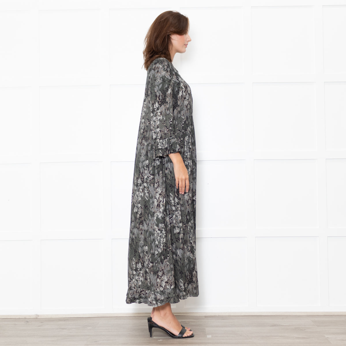 Dea Kudibal Khaki Green Black Ruffle Trim Sleeved Dress