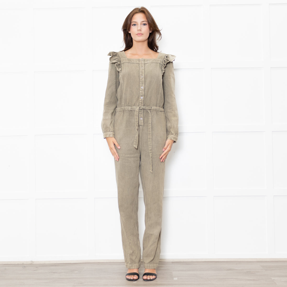 Iris Khaki Frill Shoulder Detail Denim Jumpsuit