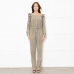 Iris Khaki Frill Shoulder Detail Denim Jumpsuit