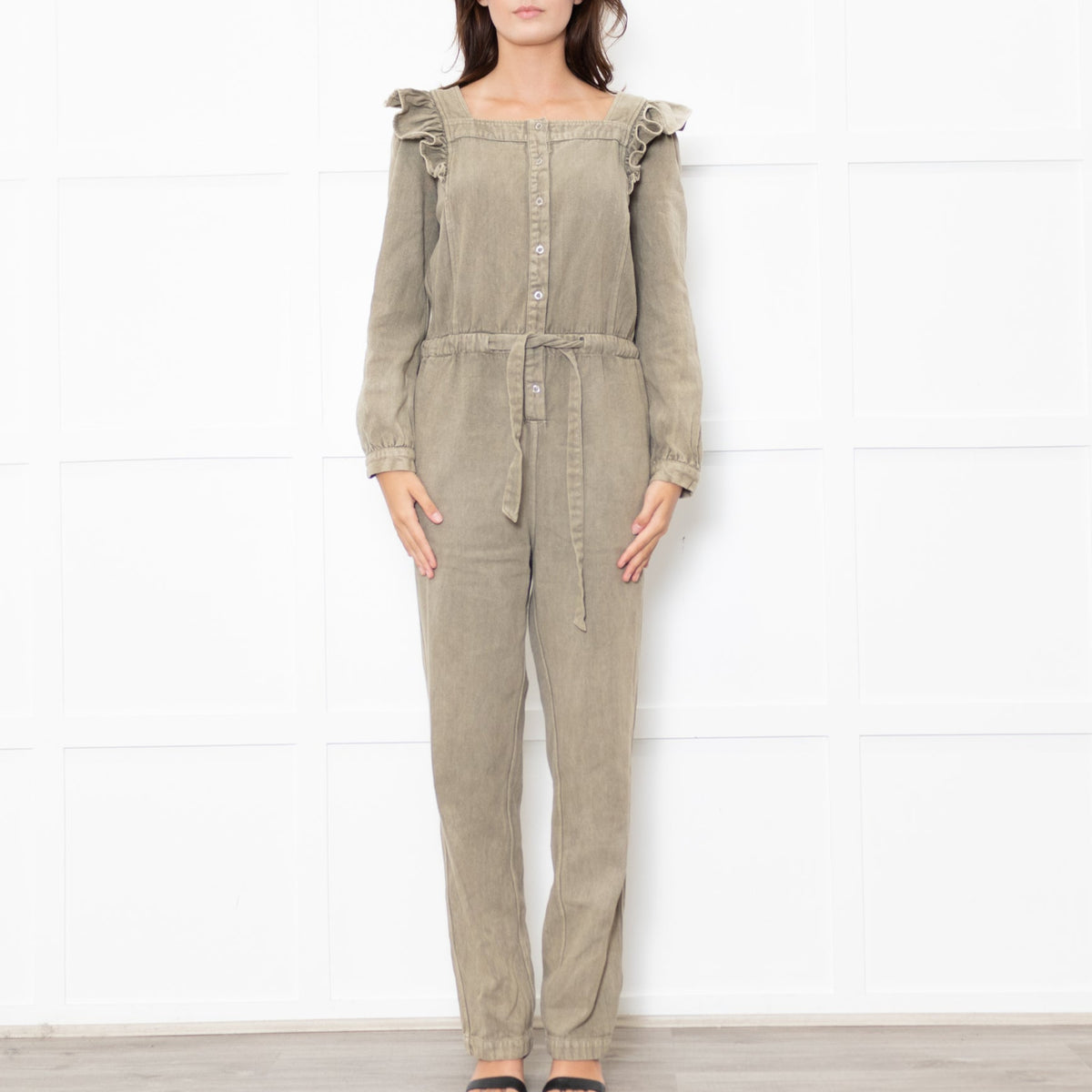 Iris Khaki Frill Shoulder Detail Denim Jumpsuit