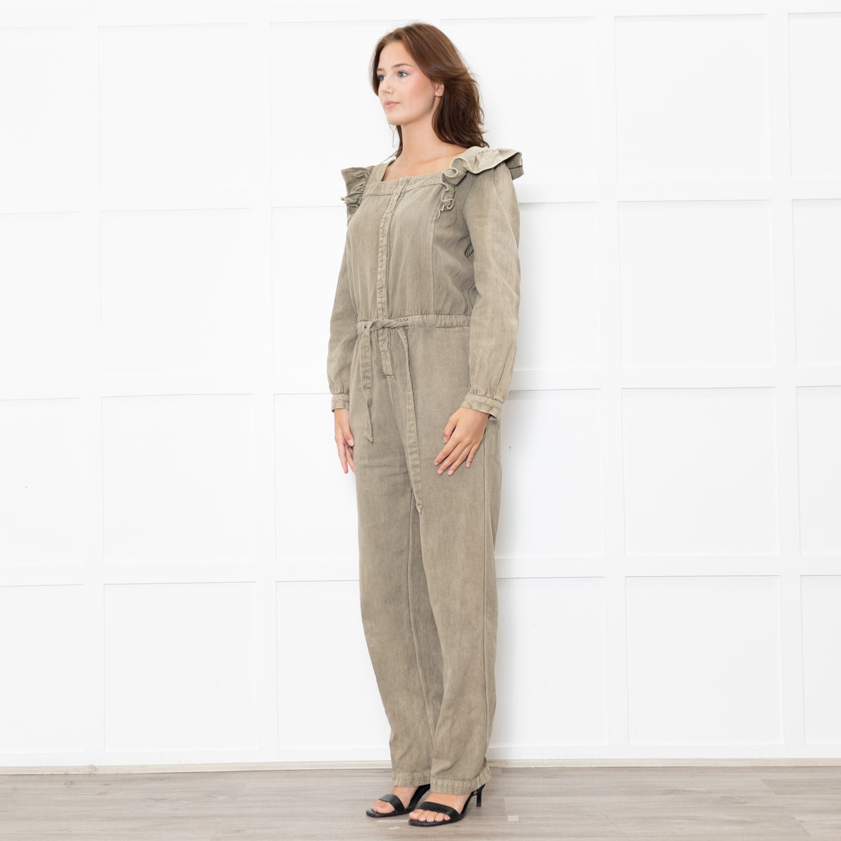 Iris Khaki Frill Shoulder Detail Denim Jumpsuit
