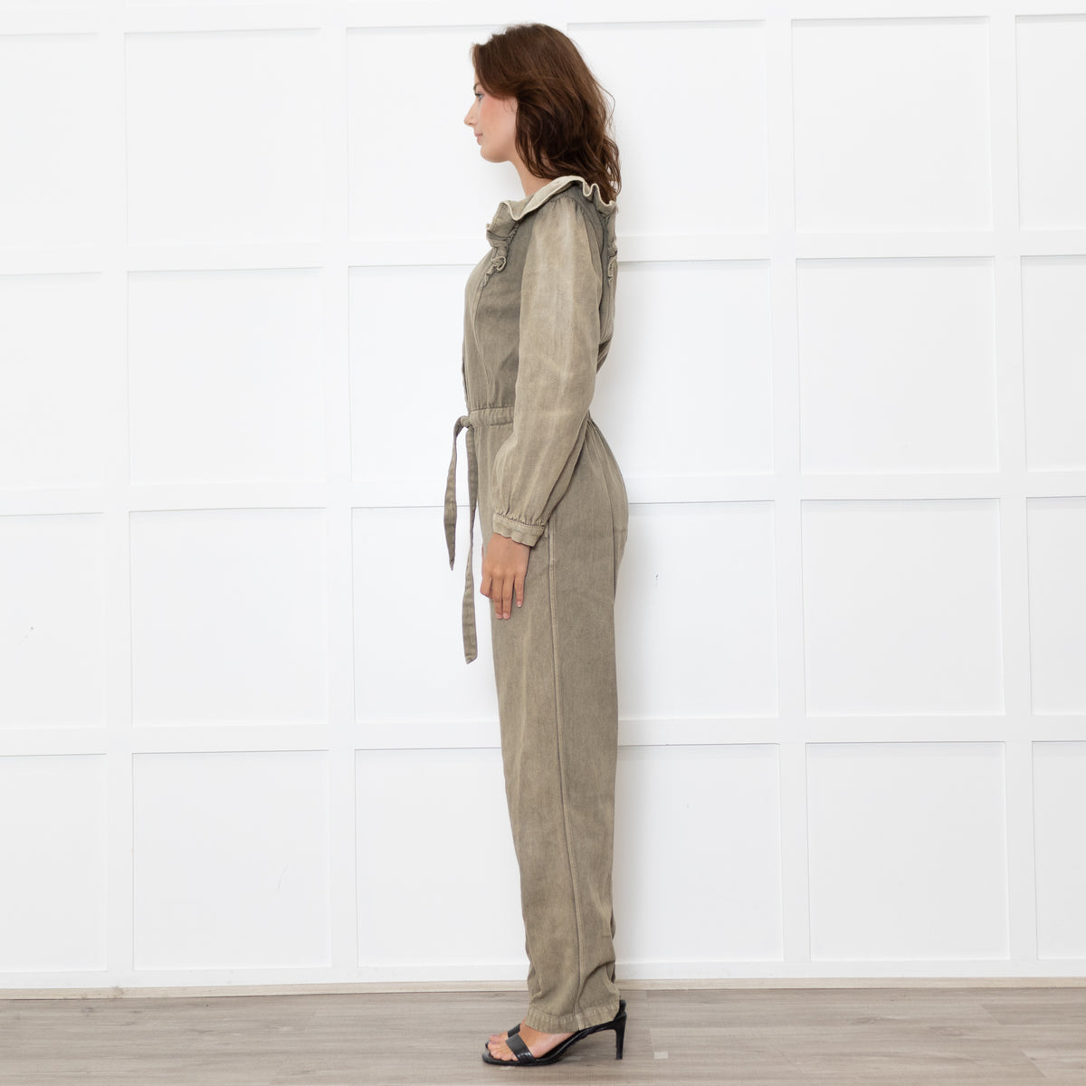 Iris Khaki Frill Shoulder Detail Denim Jumpsuit