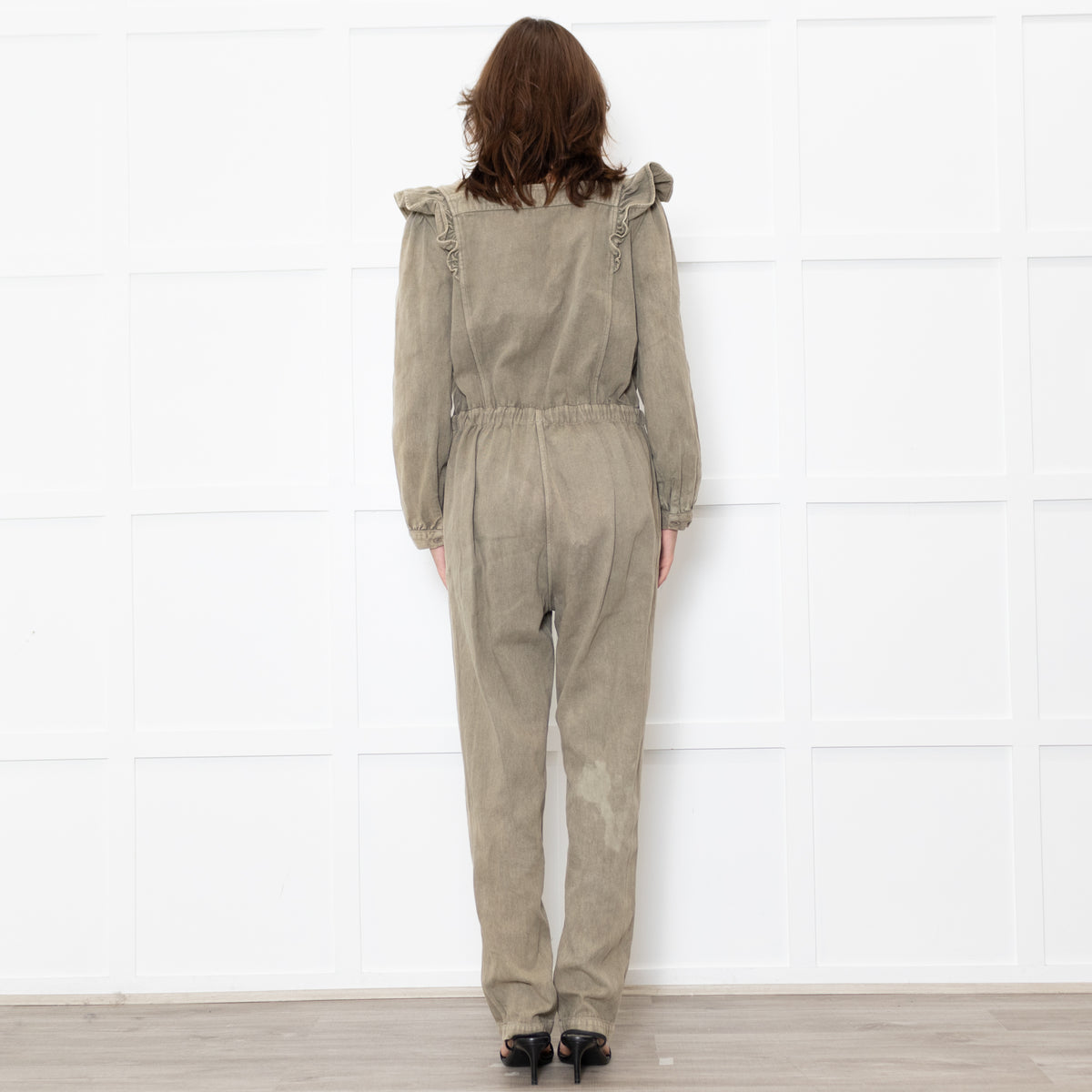 Iris Khaki Frill Shoulder Detail Denim Jumpsuit
