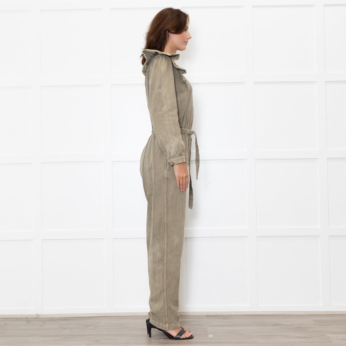 Iris Khaki Frill Shoulder Detail Denim Jumpsuit