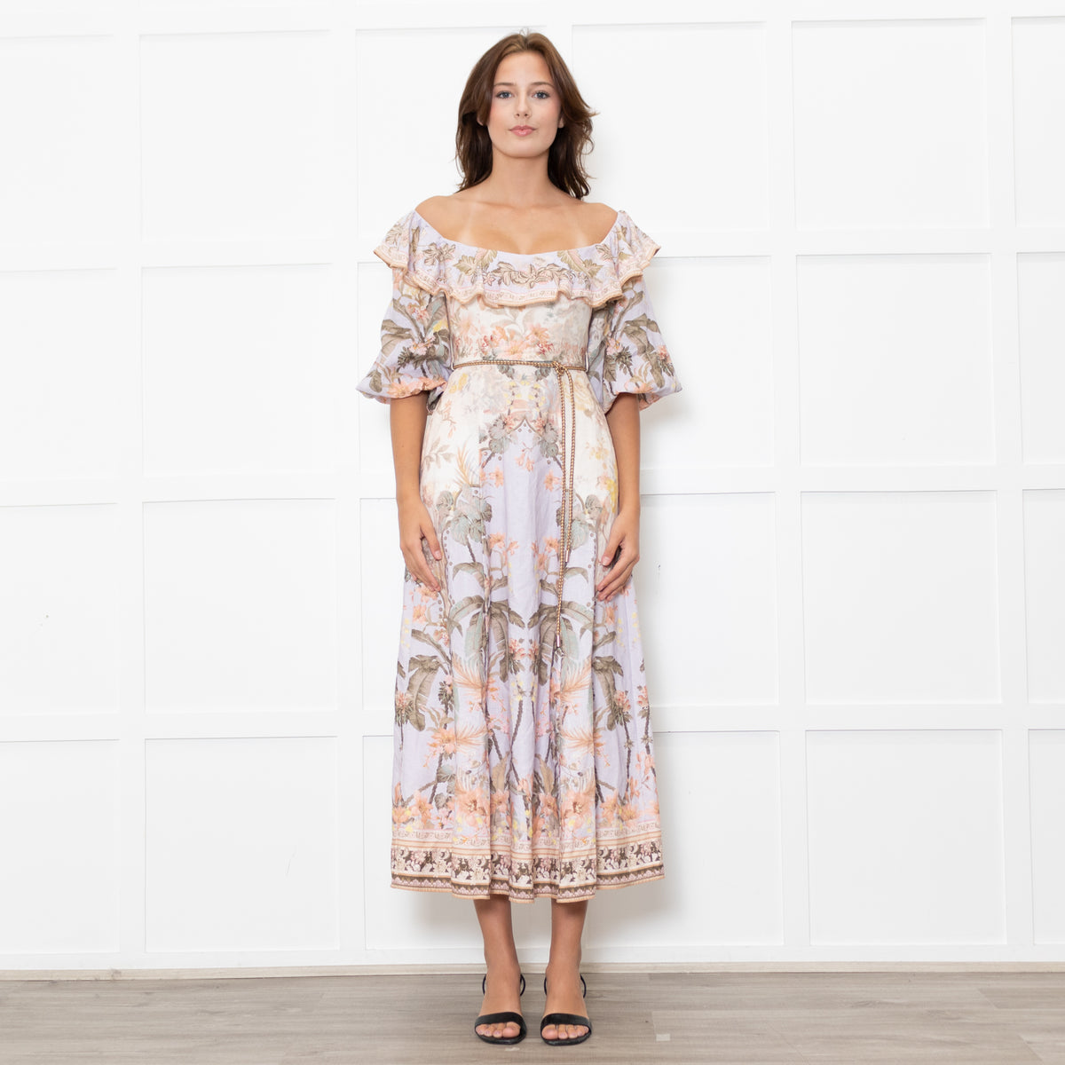 Zimmermann Cream Lilac Multi Floral-Print Linen Midi Dress