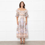 Zimmermann Cream Lilac Multi Floral-Print Linen Midi Dress