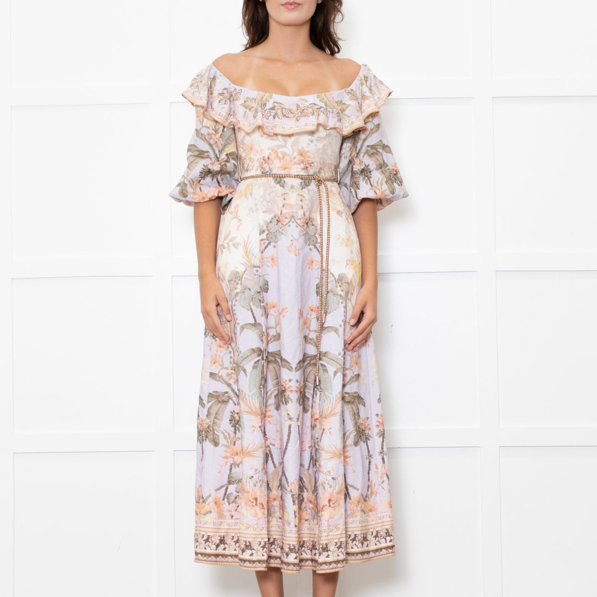 Zimmermann Cream Lilac Multi Floral-Print Linen Midi Dress