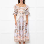 Zimmermann Cream Lilac Multi Floral-Print Linen Midi Dress