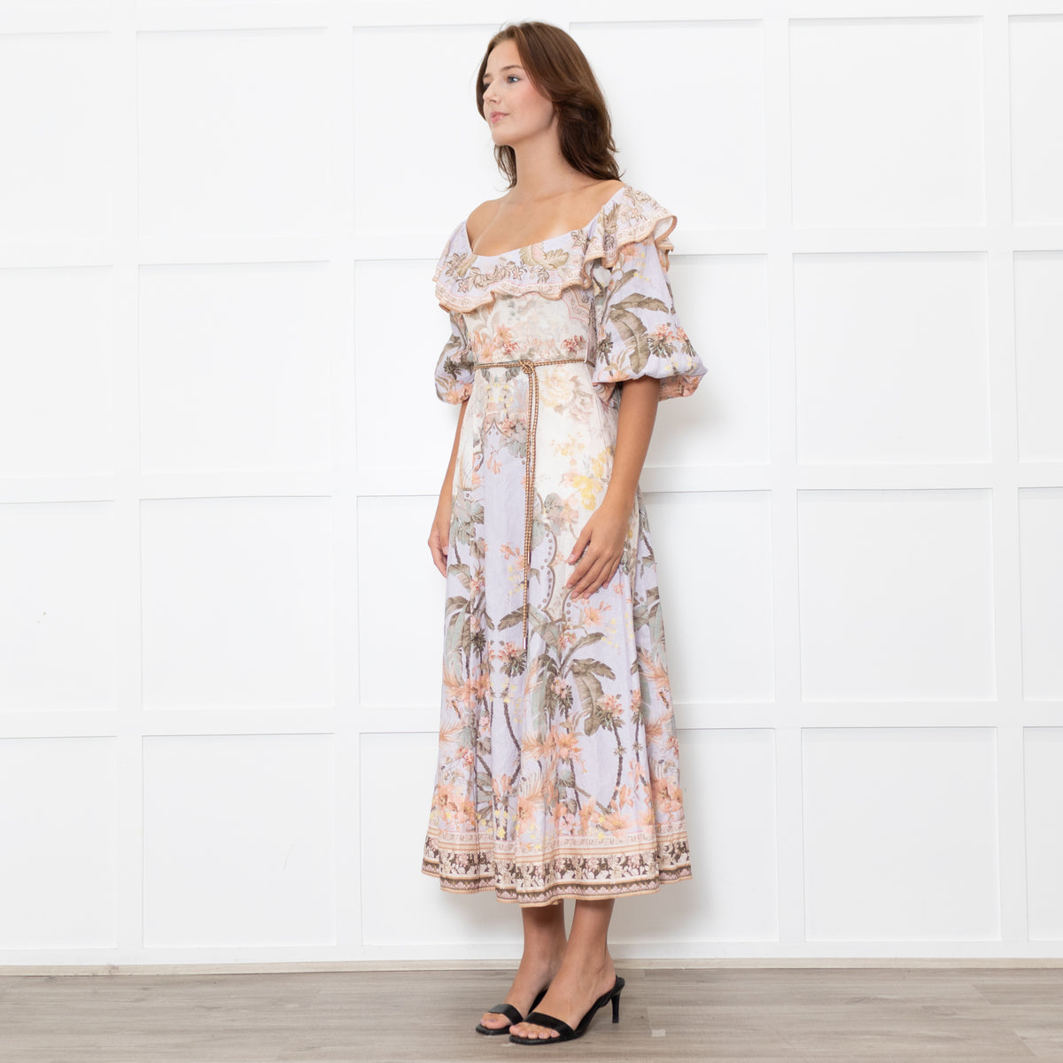 Zimmermann Cream Lilac Multi Floral-Print Linen Midi Dress
