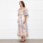 Zimmermann Cream Lilac Multi Floral-Print Linen Midi Dress