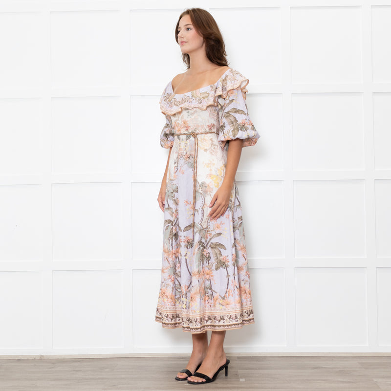 Zimmermann Cream Lilac Multi Floral-Print Linen Midi Dress