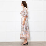 Zimmermann Cream Lilac Multi Floral-Print Linen Midi Dress