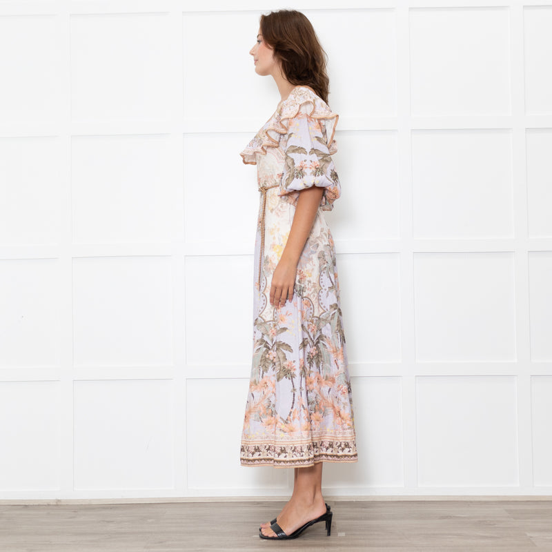 Zimmermann Cream Lilac Multi Floral-Print Linen Midi Dress