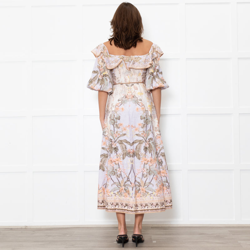 Zimmermann Cream Lilac Multi Floral-Print Linen Midi Dress