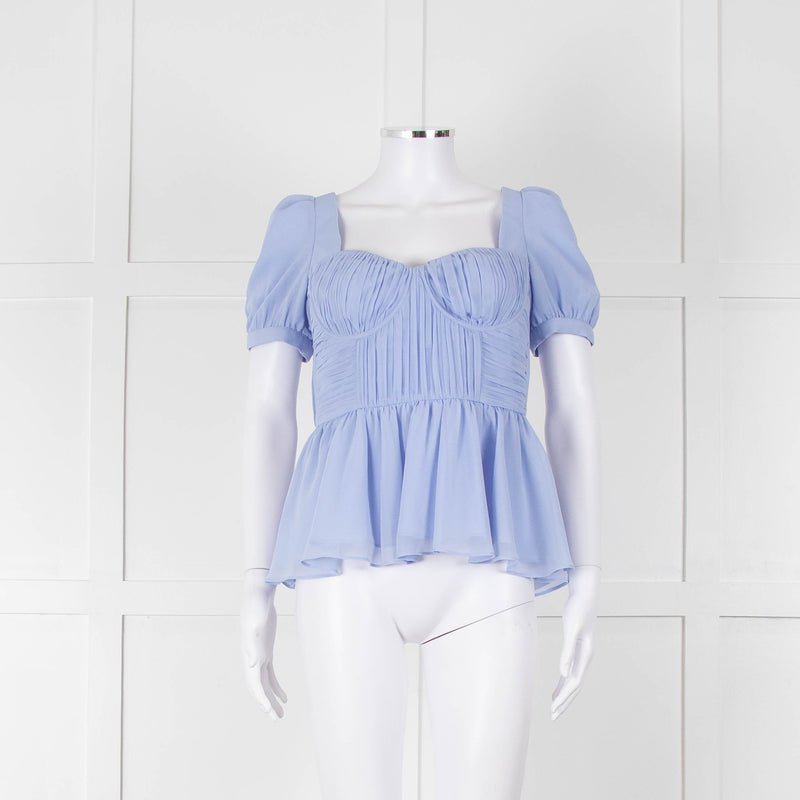 Self-Portrait Blue Gathered Puff Sleeve Top