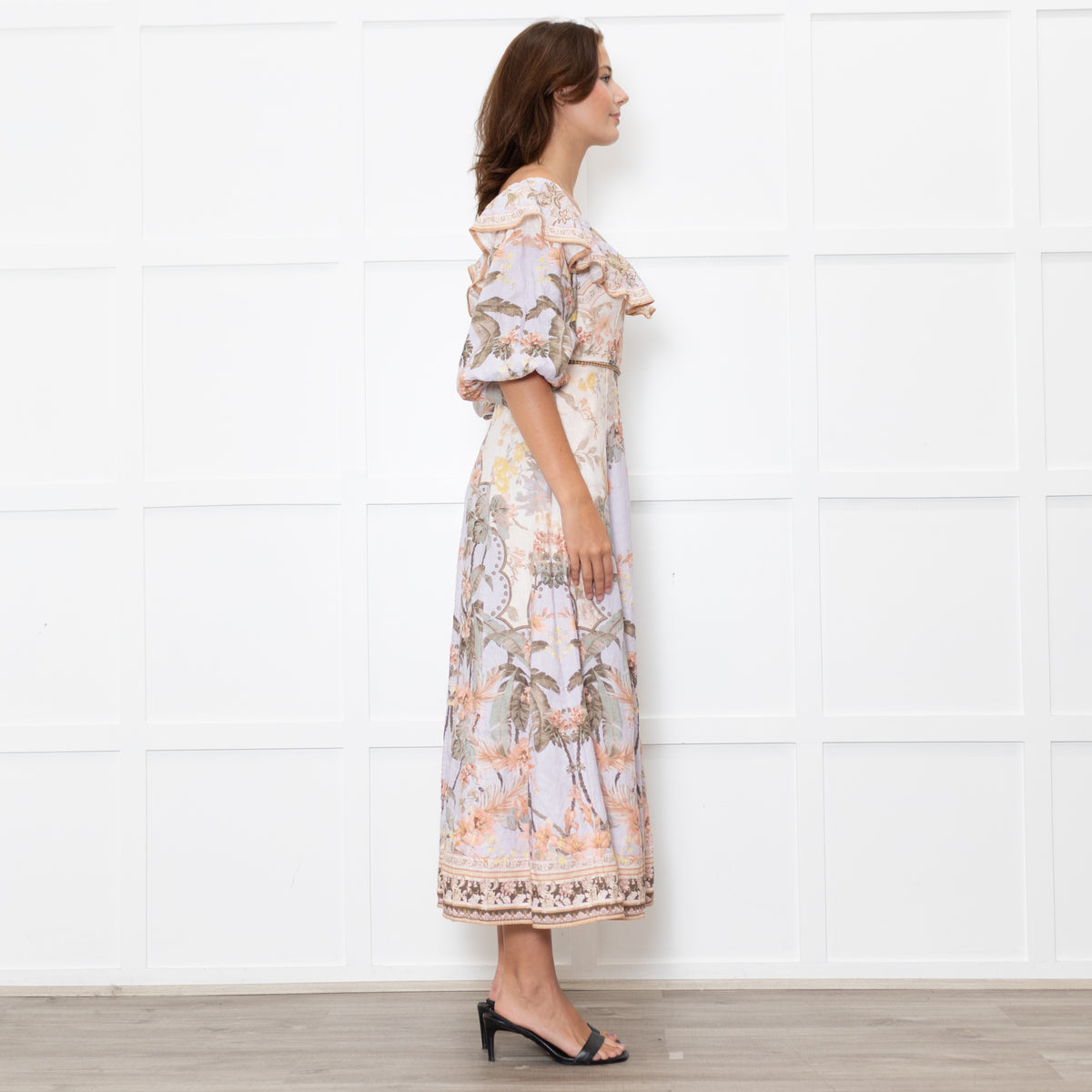 Zimmermann Cream Lilac Multi Floral-Print Linen Midi Dress