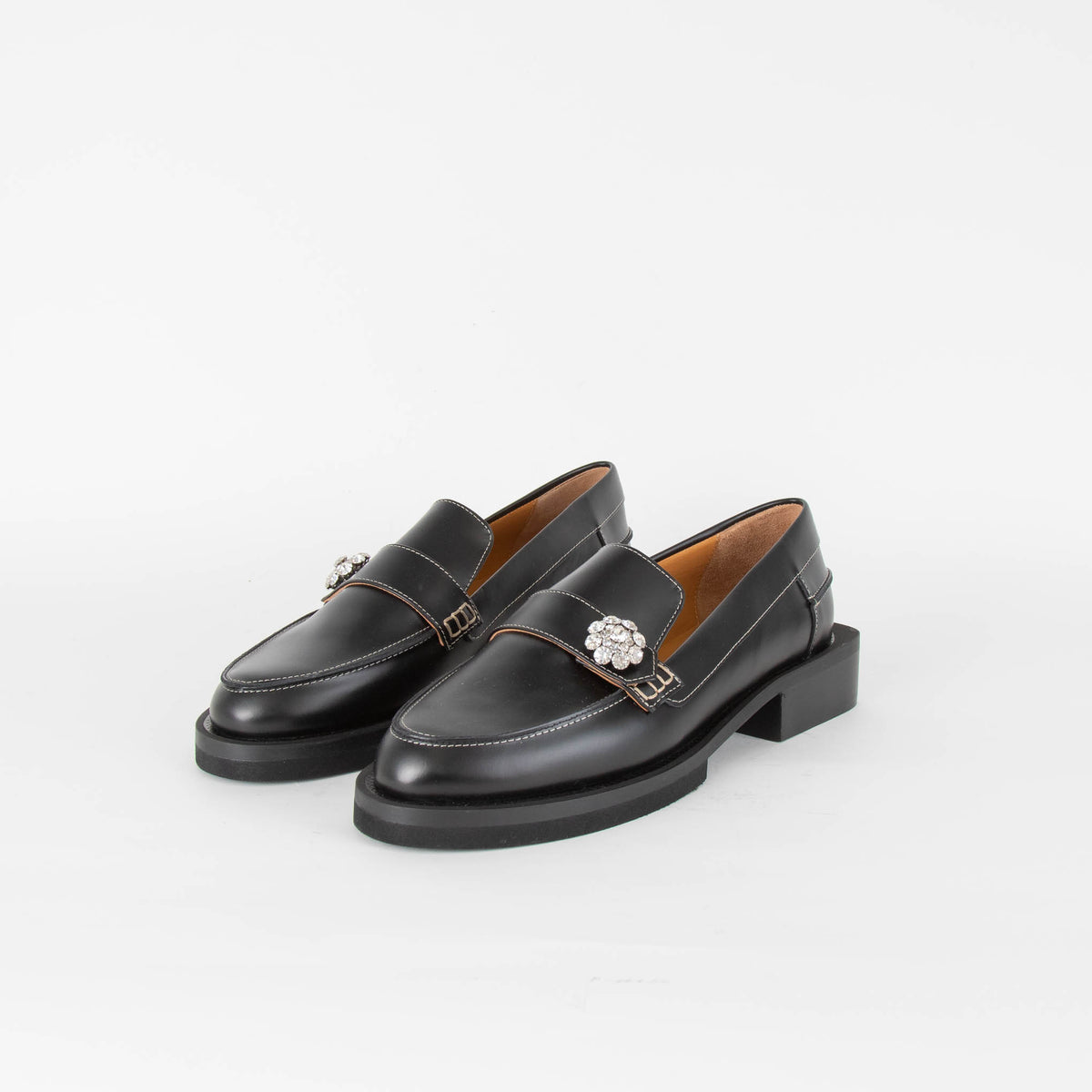 Ganni Black Embellished Leather Loafers