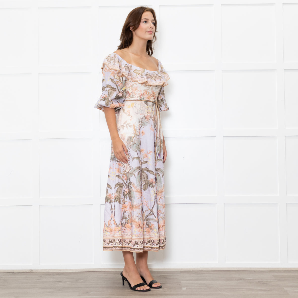 Zimmermann Cream Lilac Multi Floral-Print Linen Midi Dress