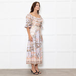 Zimmermann Cream Lilac Multi Floral-Print Linen Midi Dress