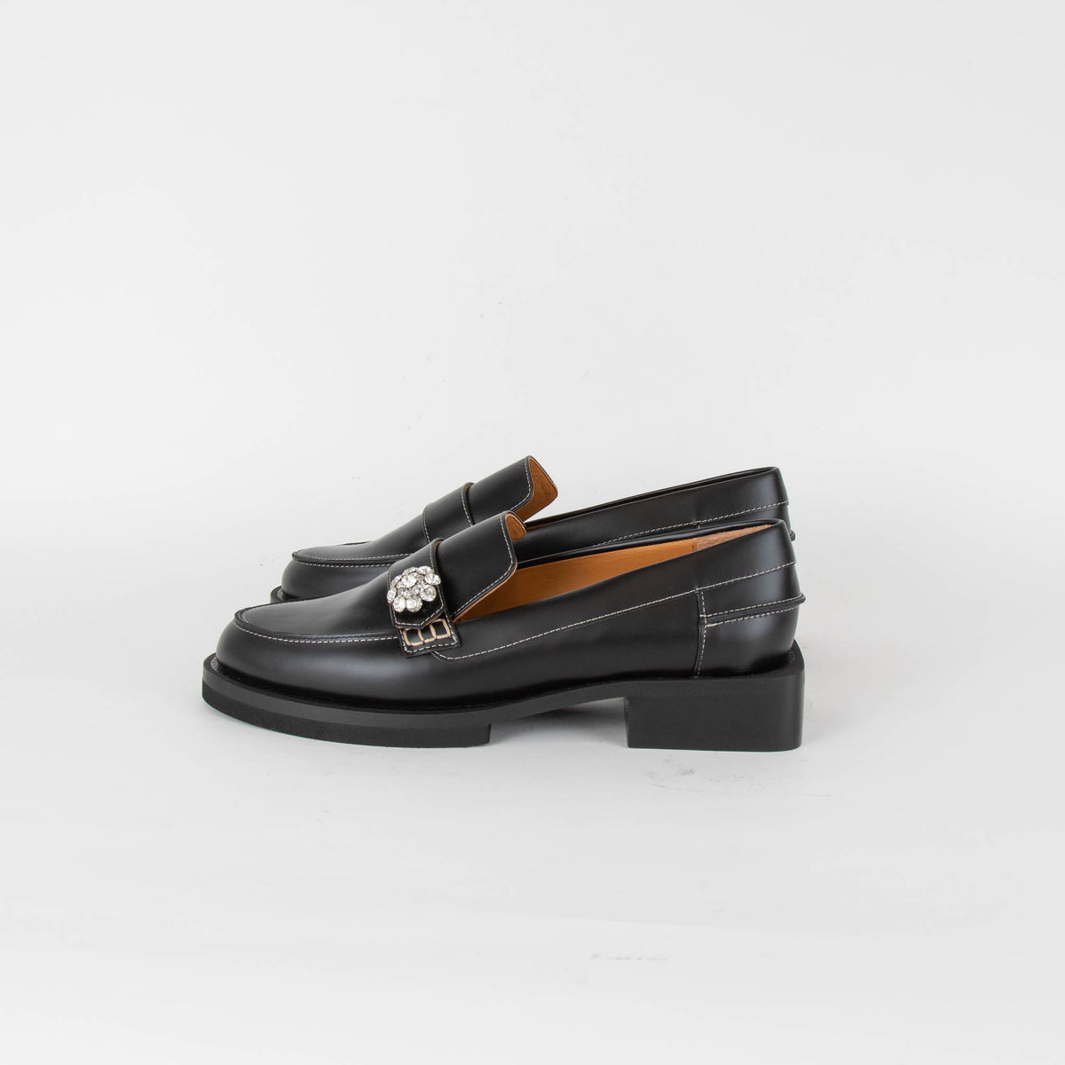 Ganni Black Embellished Leather Loafers