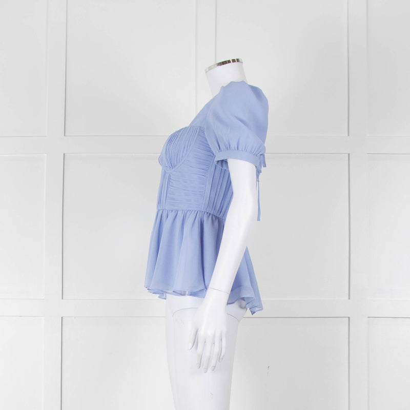 Self-Portrait Blue Gathered Puff Sleeve Top
