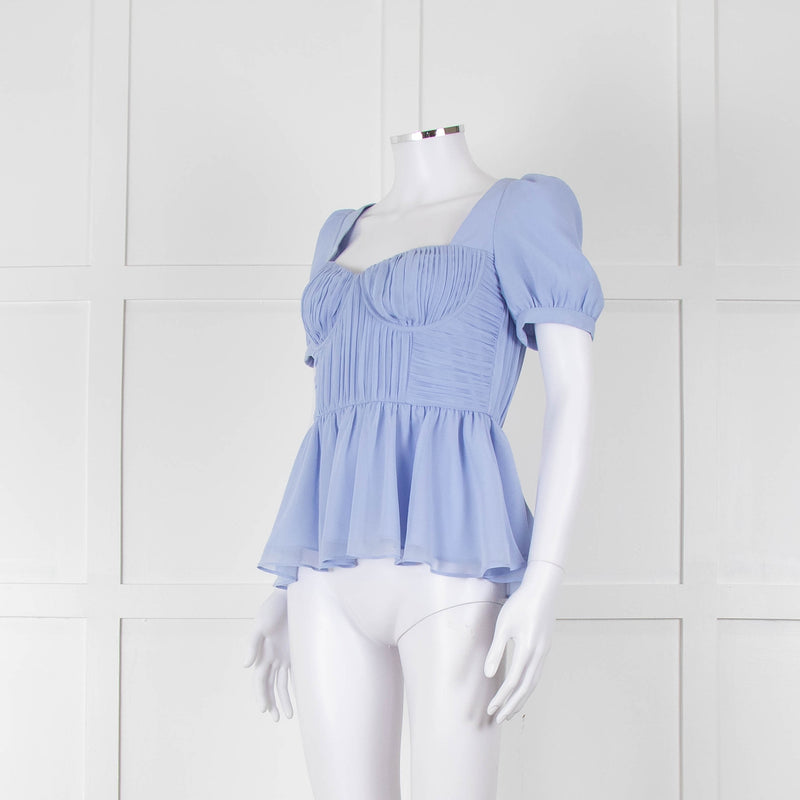 Self-Portrait Blue Gathered Puff Sleeve Top