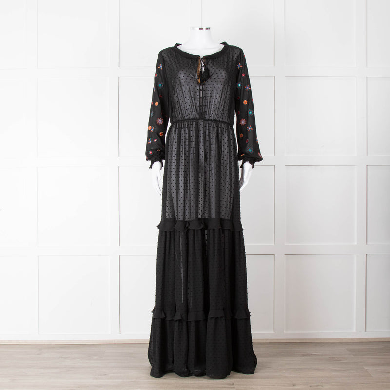 Saloni Black Maxi Dress with Embellished Sleeves