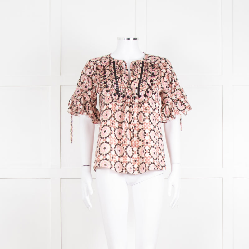 Kate Spade Peach Brown Gold Frill Trim Top