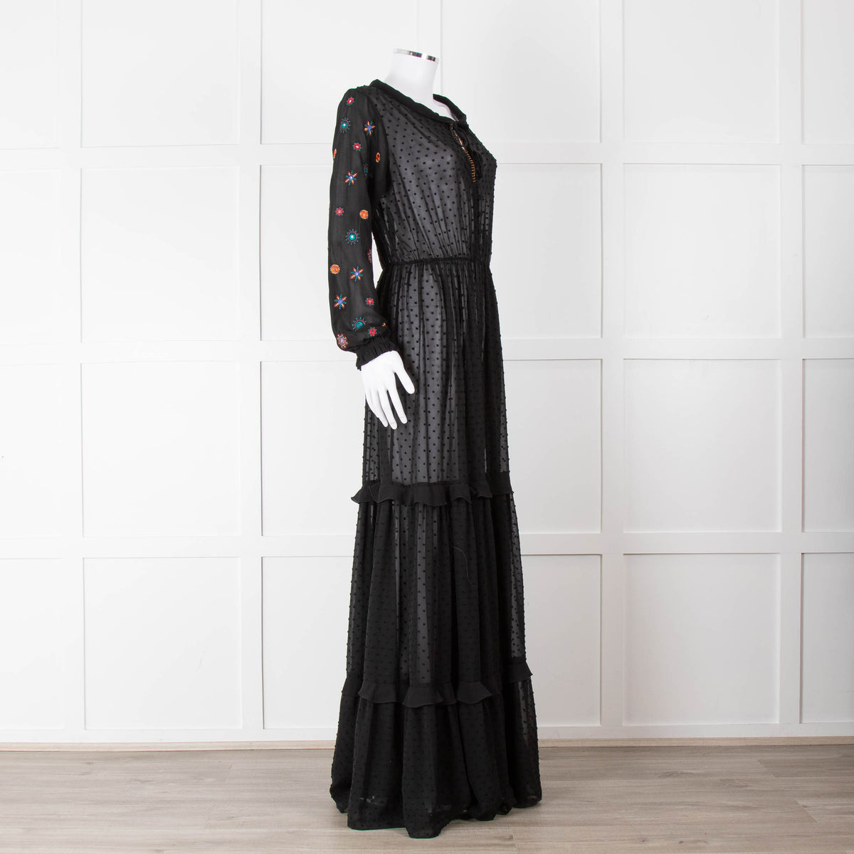 Saloni Black Maxi Dress with Embellished Sleeves