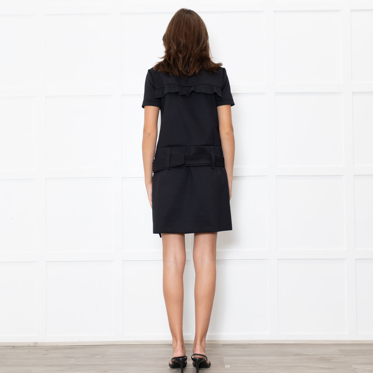 Prada Black LoGo Pocket Frill Trim Belted Mini Dress
