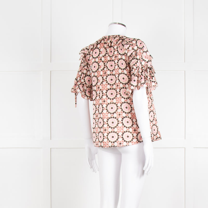 Kate Spade Peach Brown Gold Frill Trim Top