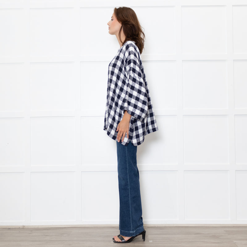 Eskander Navy White Check Textured Fabric Oversized Top