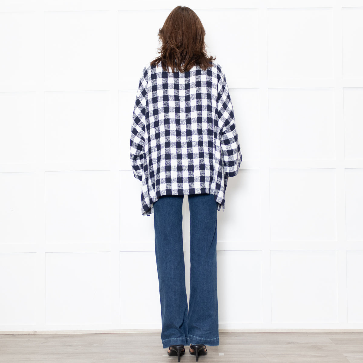 Eskander Navy White Check Textured Fabric Oversized Top