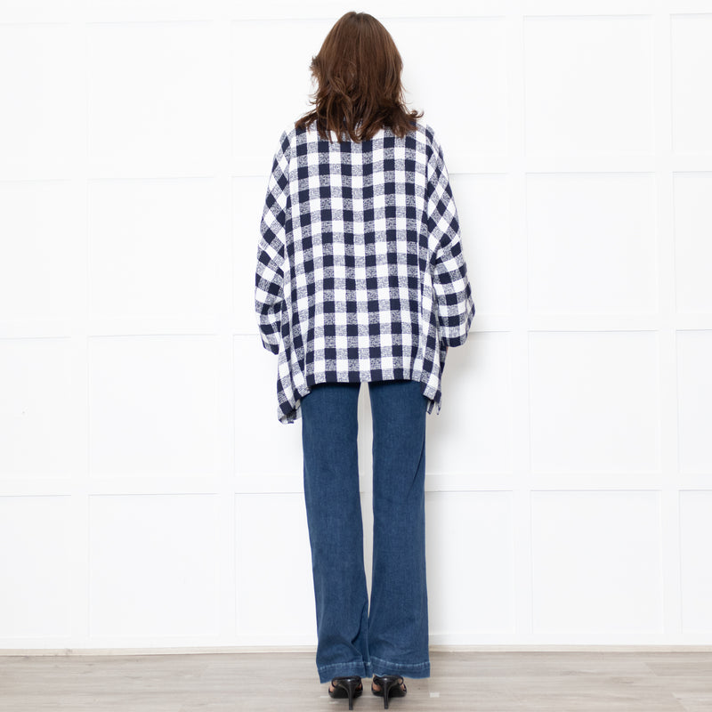 Eskander Navy White Check Textured Fabric Oversized Top