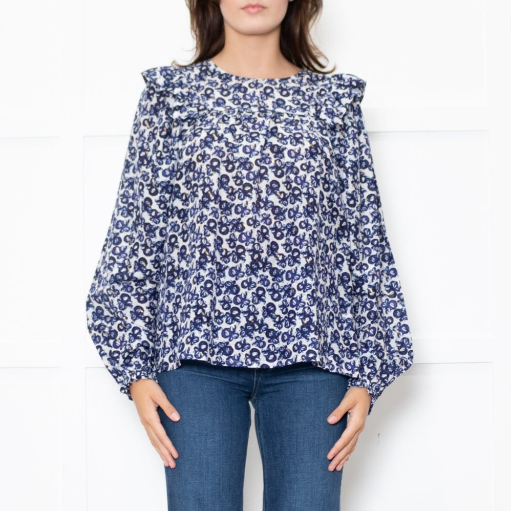 Munthe White Blue Silk Blend Top