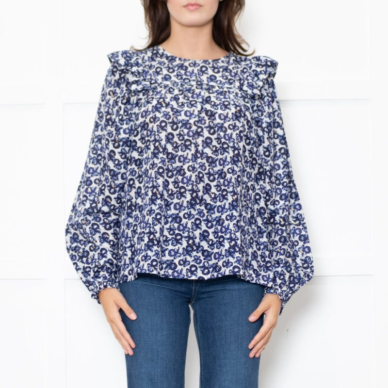 Munthe White Blue Silk Blend Top