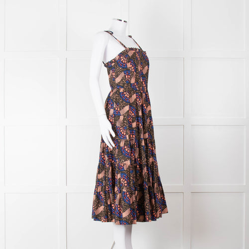 Ulla Johnson Brown Peach Blue Cotton Tribal Print Sleeveless Dress