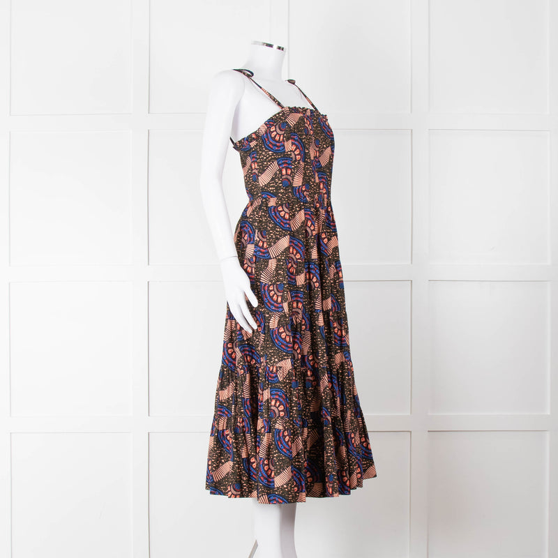 Ulla Johnson Brown Peach Blue Cotton Tribal Print Sleeveless Dress