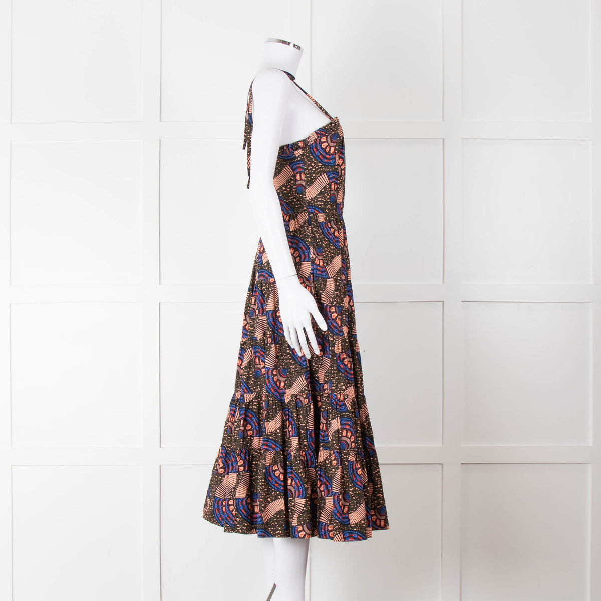 Ulla Johnson Brown Peach Blue Cotton Tribal Print Sleeveless Dress