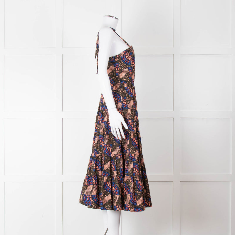 Ulla Johnson Brown Peach Blue Cotton Tribal Print Sleeveless Dress