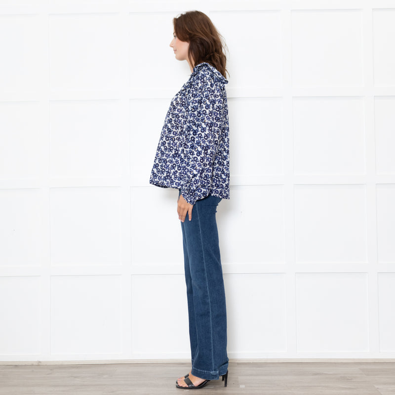 Munthe White Blue Silk Blend Top