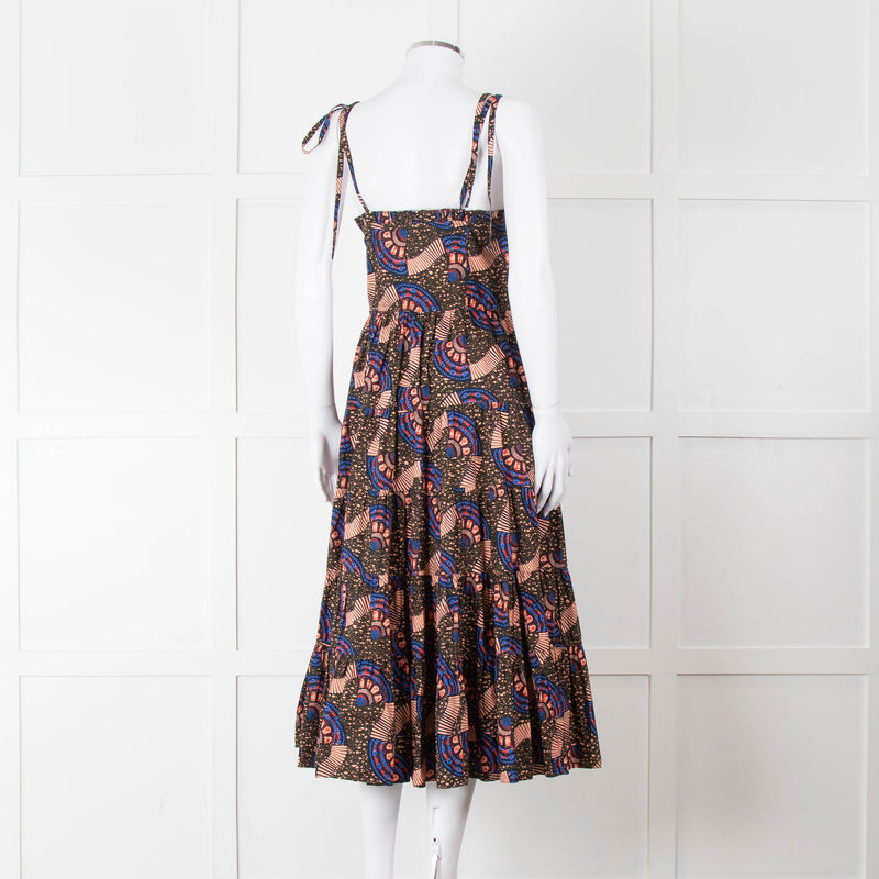 Ulla Johnson Brown Peach Blue Cotton Tribal Print Sleeveless Dress