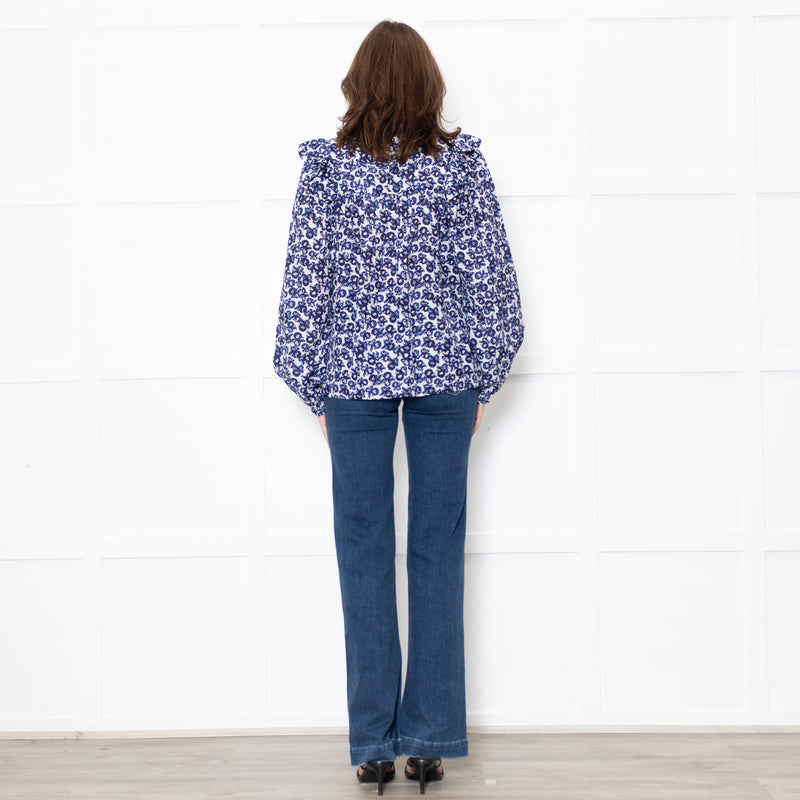 Munthe White Blue Silk Blend Top