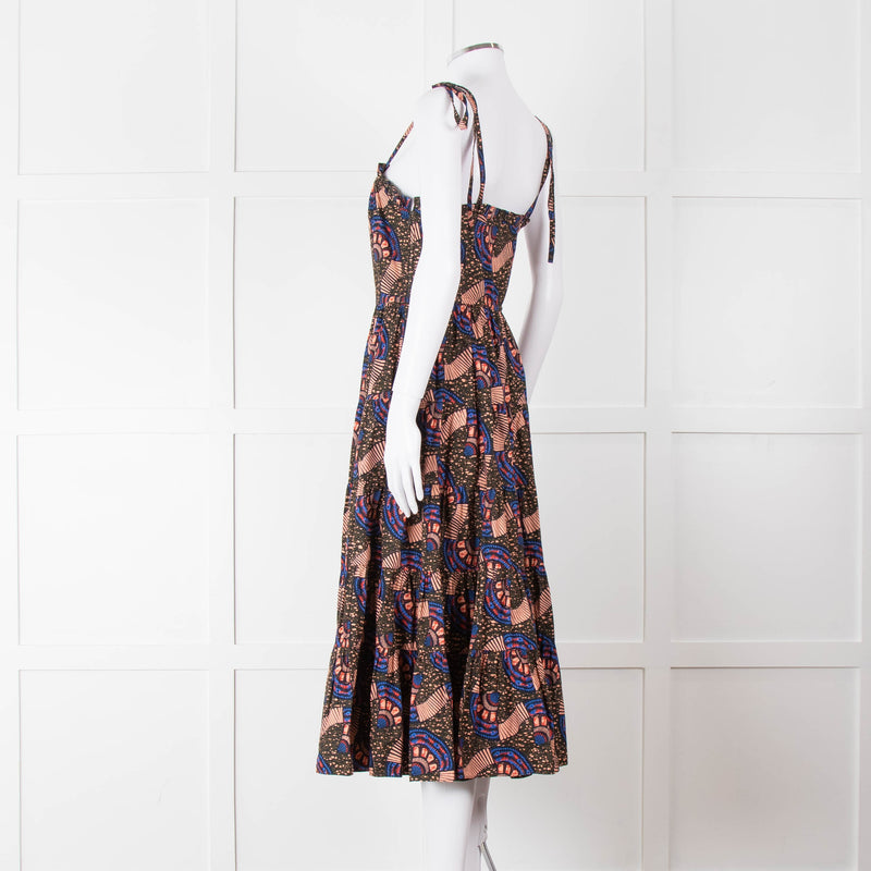 Ulla Johnson Brown Peach Blue Cotton Tribal Print Sleeveless Dress
