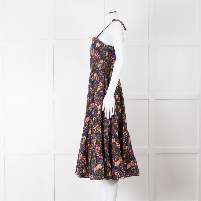 Ulla Johnson Brown Peach Blue Cotton Tribal Print Sleeveless Dress