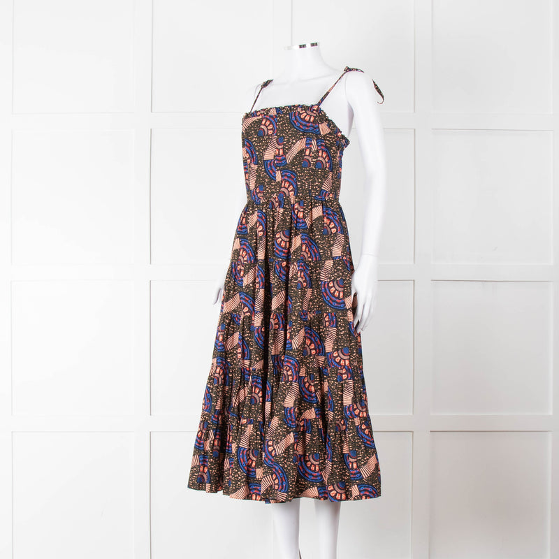Ulla Johnson Brown Peach Blue Cotton Tribal Print Sleeveless Dress