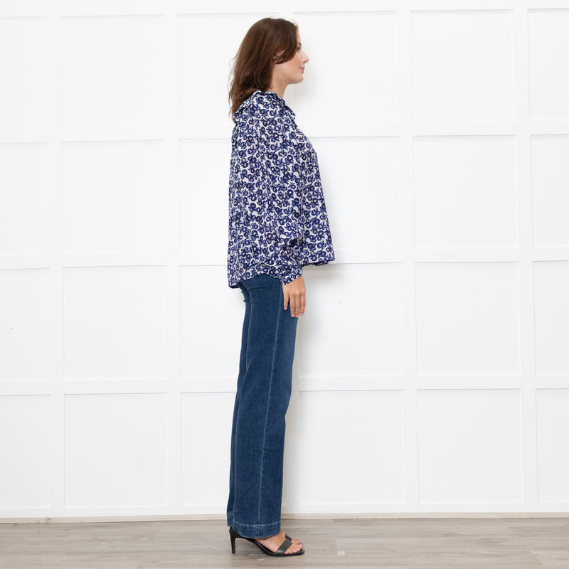 Munthe White Blue Silk Blend Top