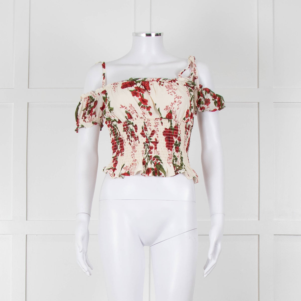 Reformation Cream Red Floral Cropped Elasticated Waist Top
